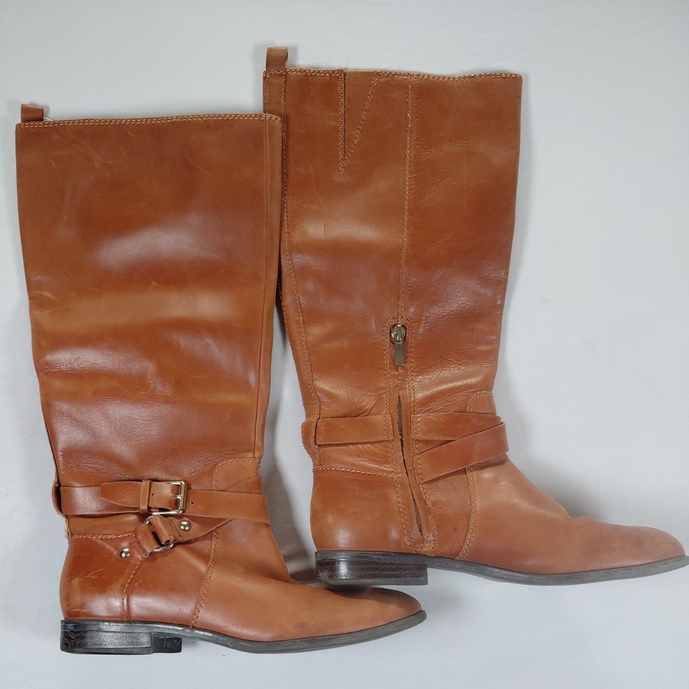 Enzo Angiolini 7.5 Riding Boots Tall Knee High Cognac  Leather Side Zip Harness